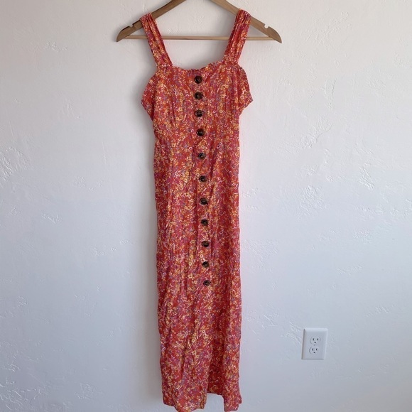 Japna Dresses & Skirts - Japna orange floral button front midi dress XS smocked back prairie cottagecore